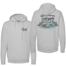 Load image into Gallery viewer, The Qualified Captain. Boat Ramp Champs Hoodie. Hooded Sweatshirt. Light Grey. White.
