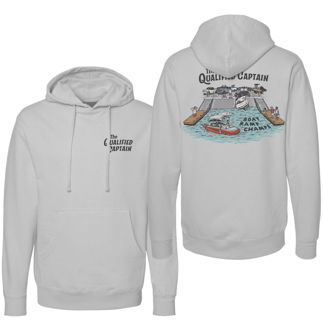 The Qualified Captain. Boat Ramp Champs Hoodie. Hooded Sweatshirt. Light Grey. White.