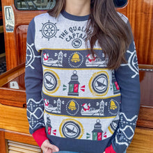 Load image into Gallery viewer, Christmas sweater, nautical christmas, santa, captain sweater, christmas bells, ship wheel, qualified captain christmas, black friday, womens sweater, womens christmas sweater, ugly christmas sweater
