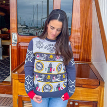 Load image into Gallery viewer, Christmas sweater, nautical christmas, santa, captain sweater, christmas bells, ship wheel, qualified captain christmas, black friday, womens sweater, womens christmas sweater, ugly christmas sweater
