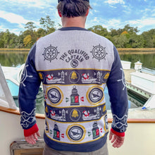 Load image into Gallery viewer, Christmas sweater, nautical christmas, santa, captain sweater, christmas bells, ship wheel, qualified captain christmas, black friday, mens christmas sweater, ugly christmas sweater
