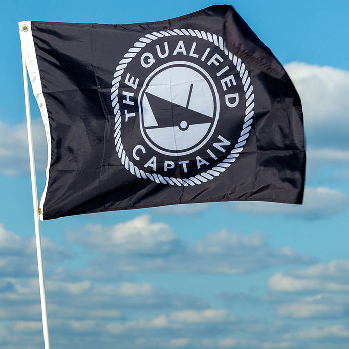qualified captain boat flag black with white logo
